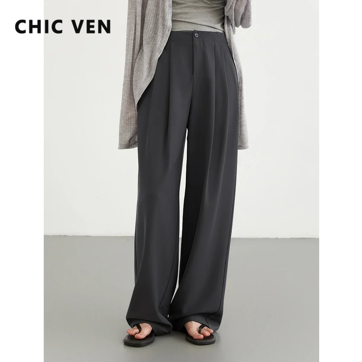 Pantalones CHIC VEN para mujer, nuevos pantalones informales plisados de cintura alta para mujer, pantalones largos de pierna ancha caídos para oficina para mujer, Primavera Verano 2025