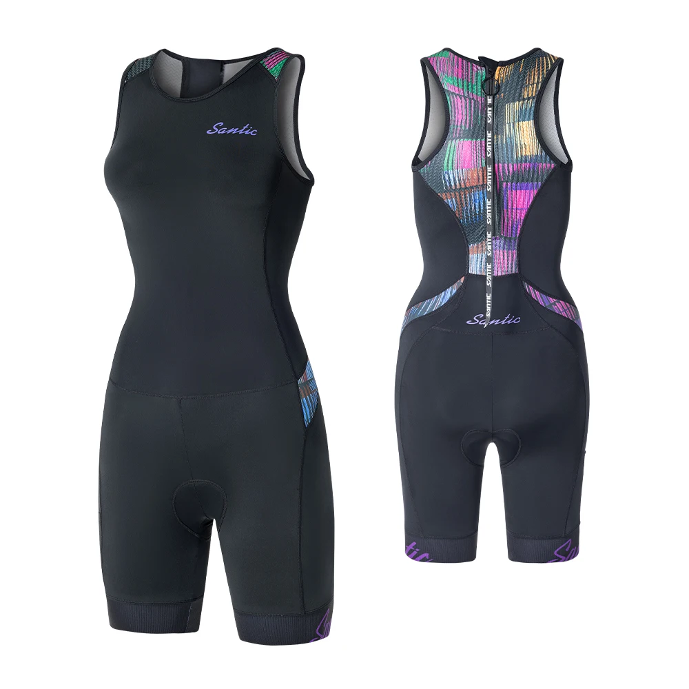 Santic Trajes de ciclismo para triatlón para mujer, sin mangas, acolchados de esponja, de secado rápido para correr y nadar
