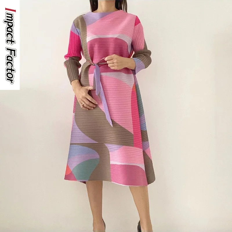 Vestido plisado con cinturón para mujer, prenda de vestir femenina con diseño geométrico de colores llamativos, de talla grande, estilo informal, a la moda, novedad de primavera, 2024