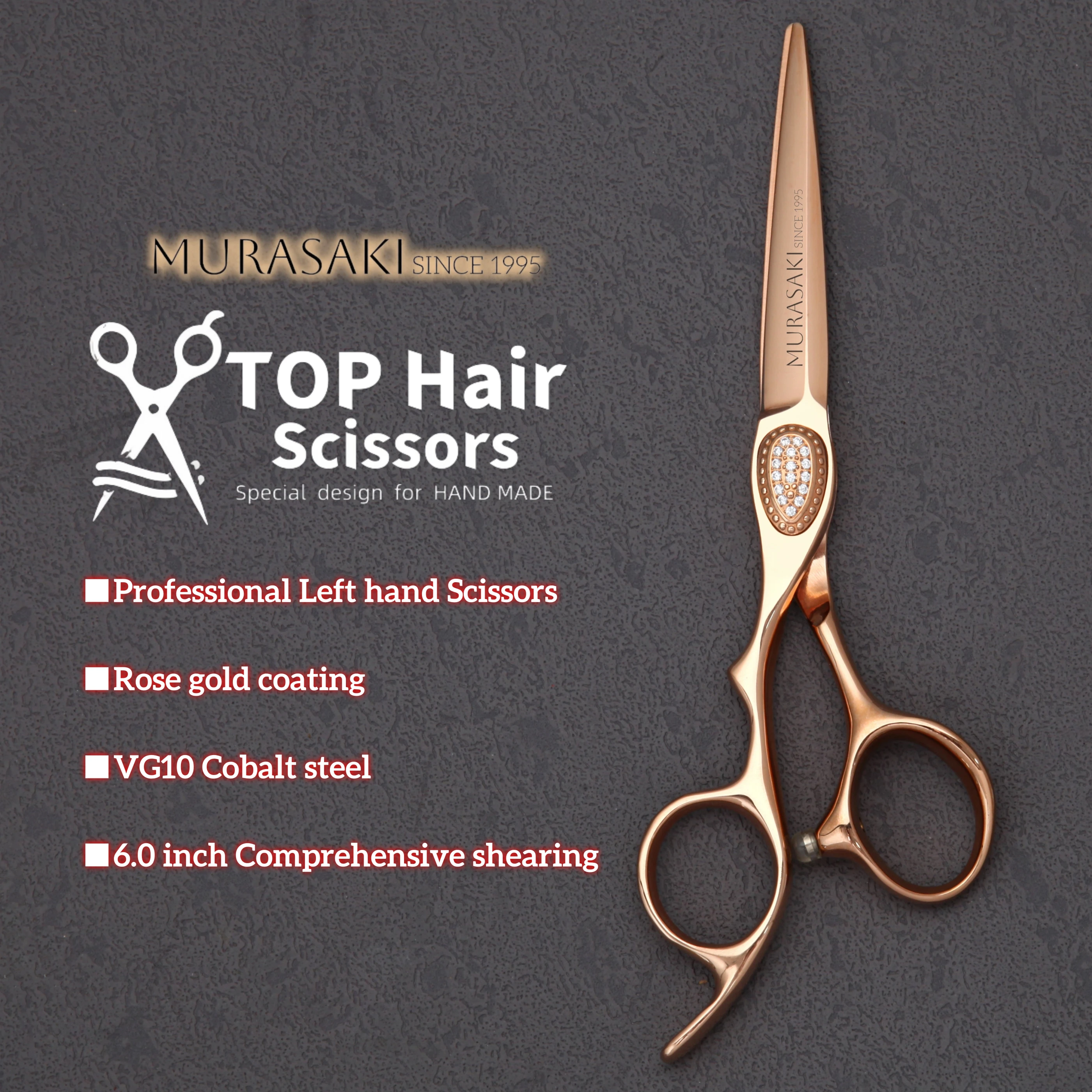 Tijeras MURASAKI para zurdos de 6.0-7.0 pulgadas, revestimiento de oro rosa, tijeras de peluquero de acero metálico VG10, herramientas de corte de cabello de alta calidad para salón.