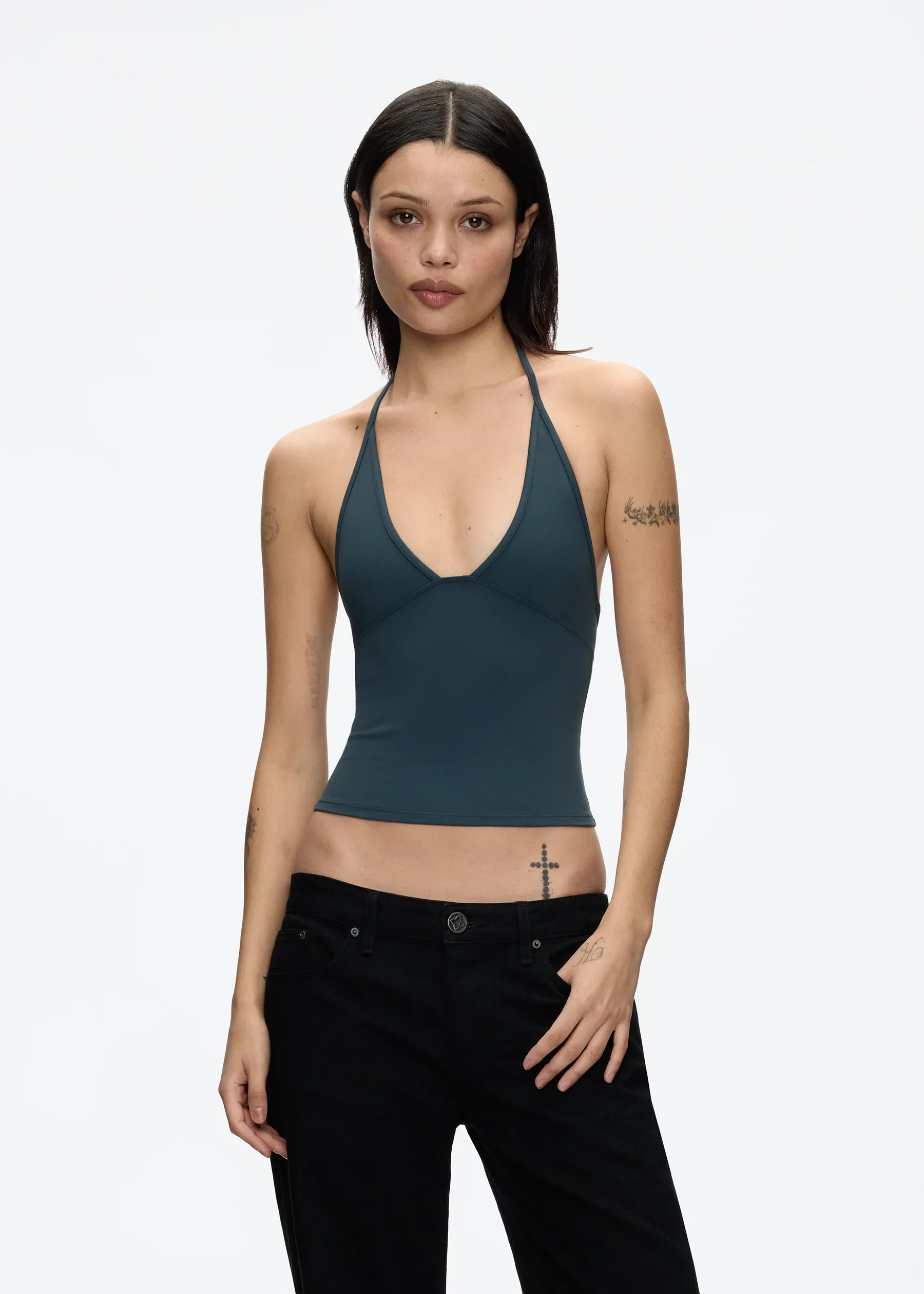 Camisola con cuello halter y escote en V profundo, top corto ajustado, top sin espalda ajustado que realza la cintura, prenda exterior versátil, camiseta básica de color liso para un look atrevido