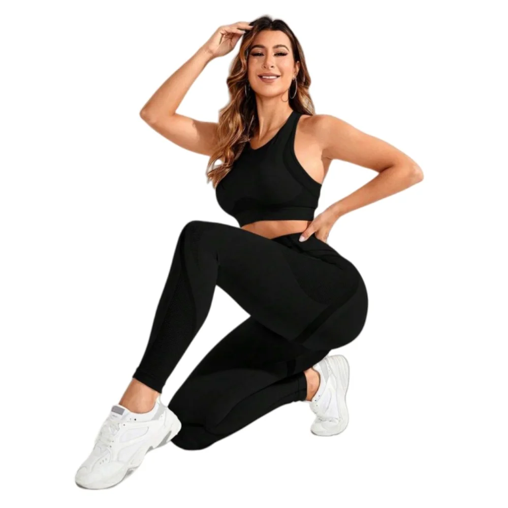 Traje de 2 Piezas, Traje de Yoga para Mujer, Combinación de Pantalones de Cintura Alta con Espalda Descubierta, Ropa de Gimnasio Ideal Súper Elástica Sin Costuras