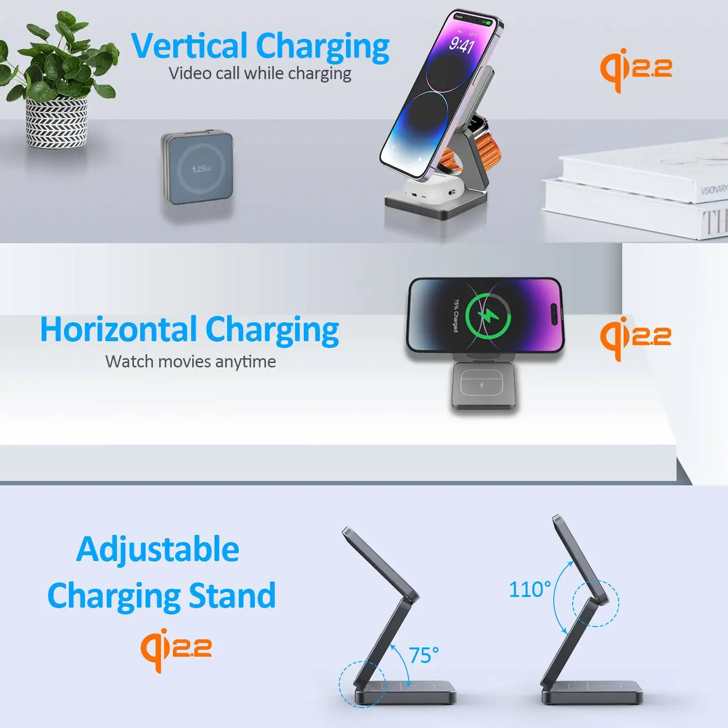 Estación de carga inalámbrica magnética plegable Qi1/Qi2.2 3 en 1 para iPhone serie 12 ~ 17 AirPods iWatch cargador de viaje portátil