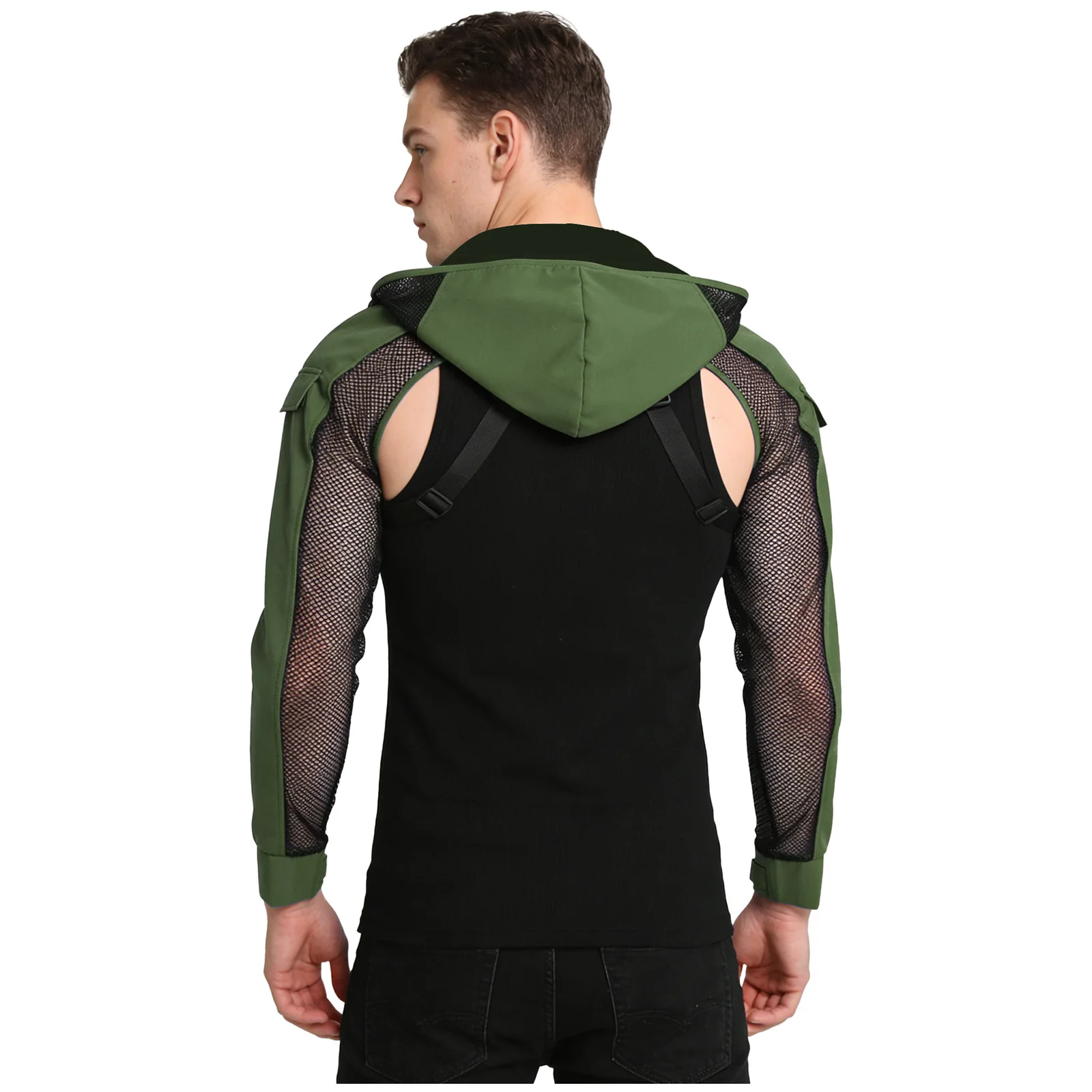 Camiseta corta con capucha para hombre, estilo combate, con malla de rejilla y patchwork, manga larga, con bolsillo, correas ajustables con hebilla y armadura en los hombros, para disfraces.