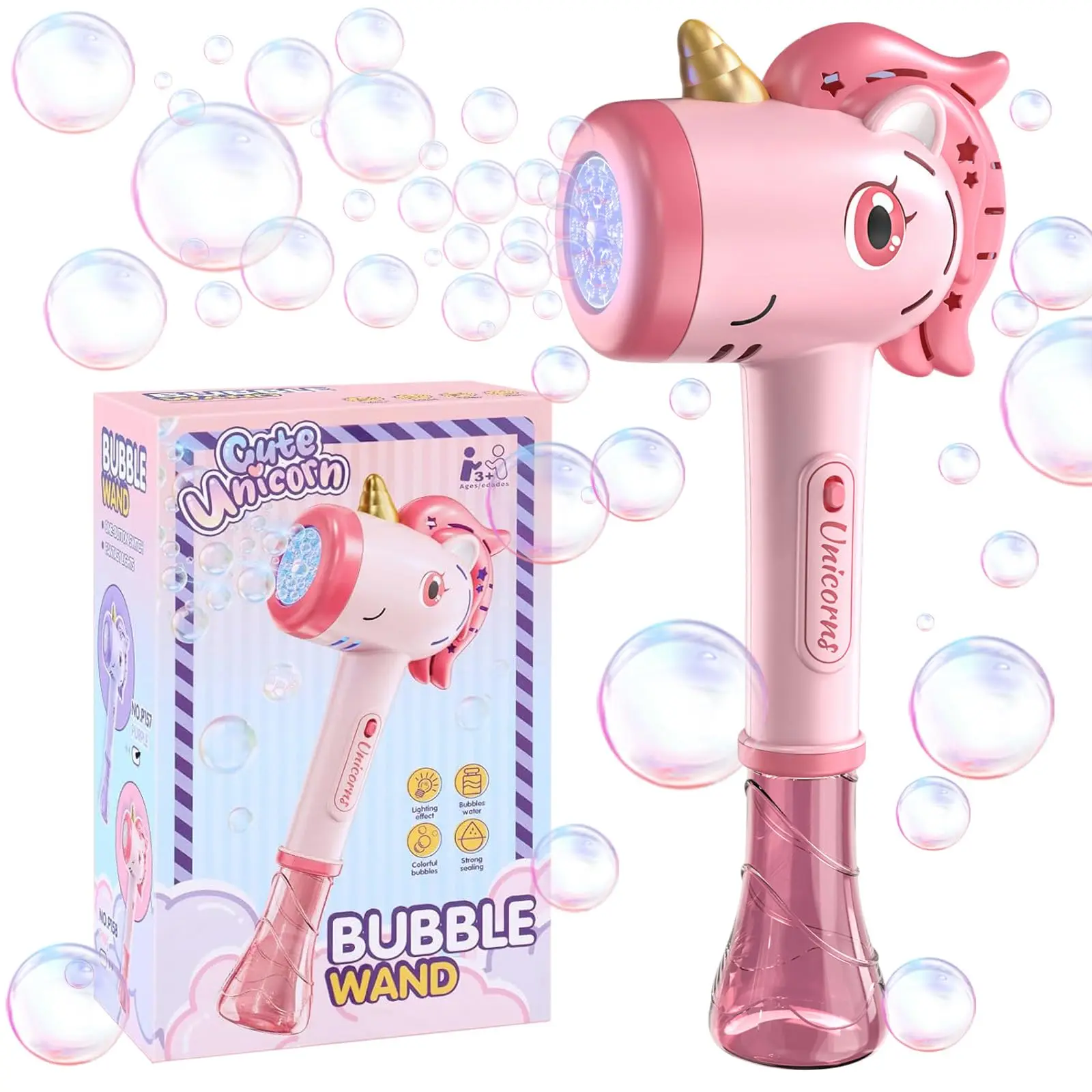 Máquina automática de burbujas con forma de unicornio, luces LED de fantasía, juguete para hacer burbujas al aire libre, para niños a partir de 3 años. Incluye solución para burbujas.