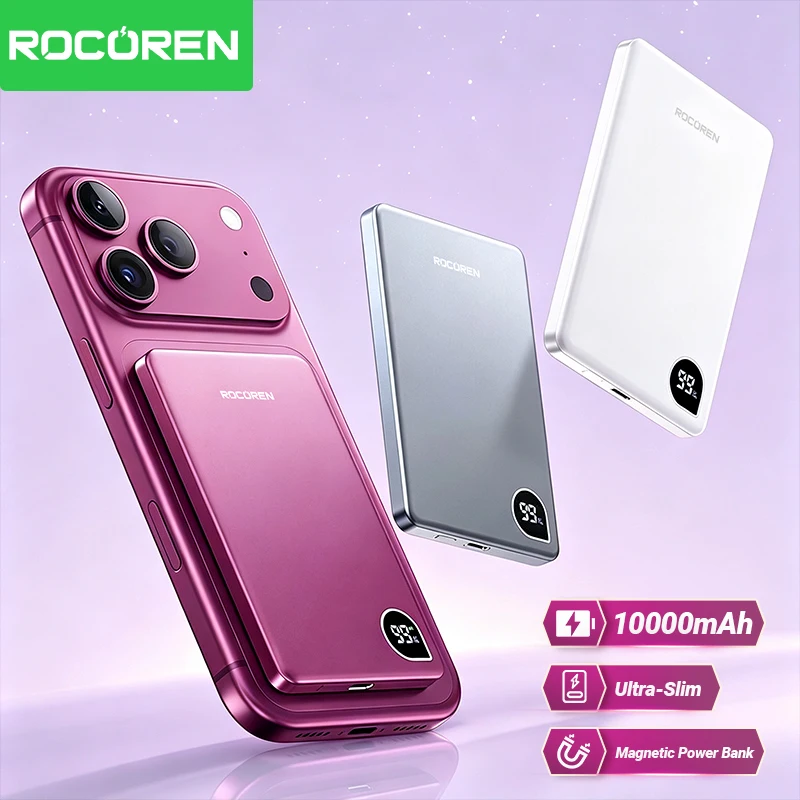Rocoren, batería externa magnética de 10000 mAh, 5000 mAh, con carga rápida PD de 20 W, pantalla digital, cargador inalámbrico, batería externa portátil para iPhone 18, 17, 16 Pro Max.