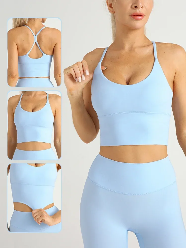 Color sólido mujeres gimnasio Yoga sensación desnuda Sexy espalda cruzada Y forma Sujetador deportivo Fitness Yoga trotar entrenamiento deportes mujeres Sling