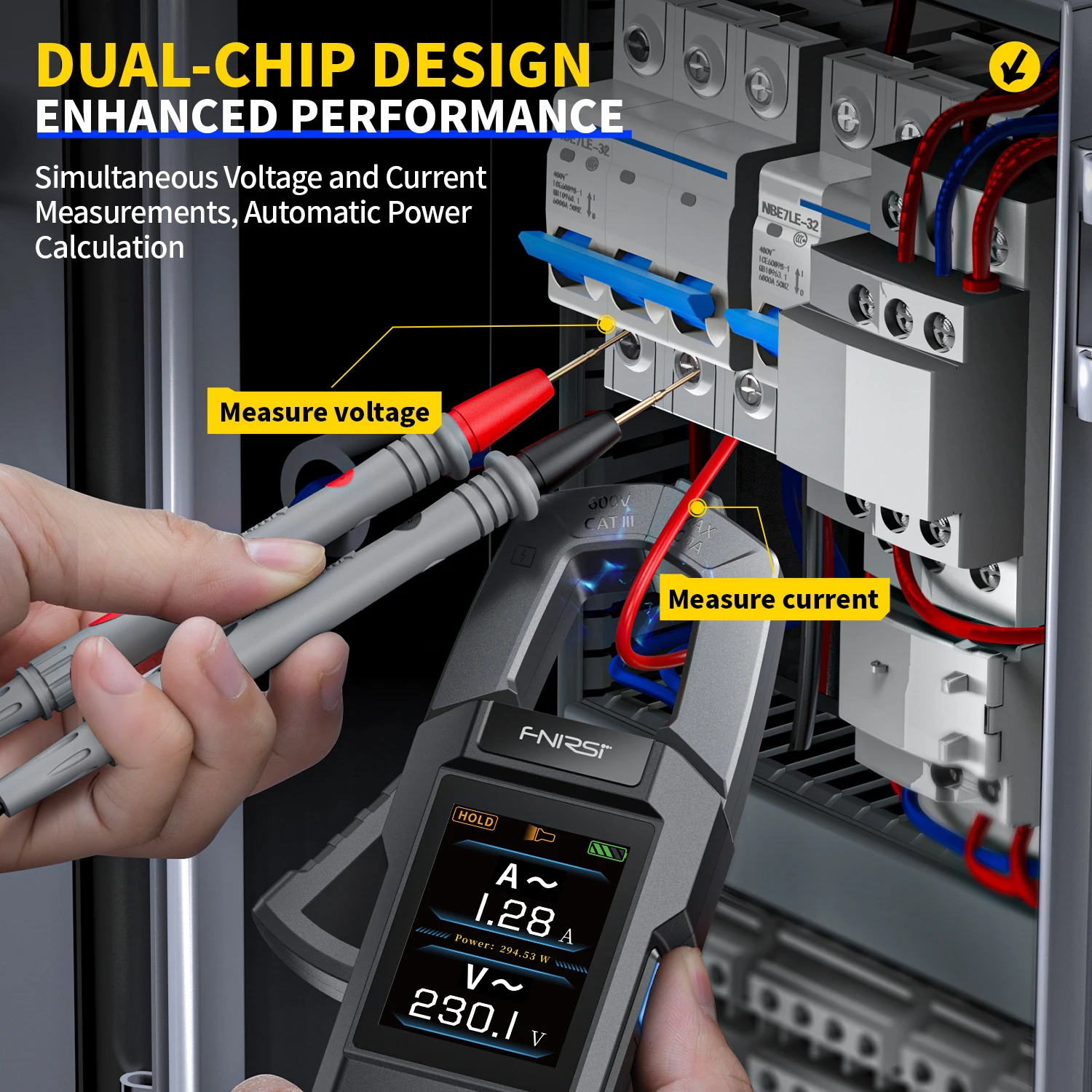 FNIRSI DMC-100 Pinza Amperimétrica Digital de Corriente CC/CA, 10000 Conteo, Multímetro Digital, 600A, Probador de Pinza Amperimétrica, Herramientas para Electricistas NCV
