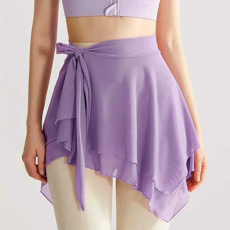 Falda envolvente de Ballet de malla para mujer, falda asimétrica de patinaje sobre bufanda, tutú de baile de Color sólido para Ballet y Yoga, antiexposición