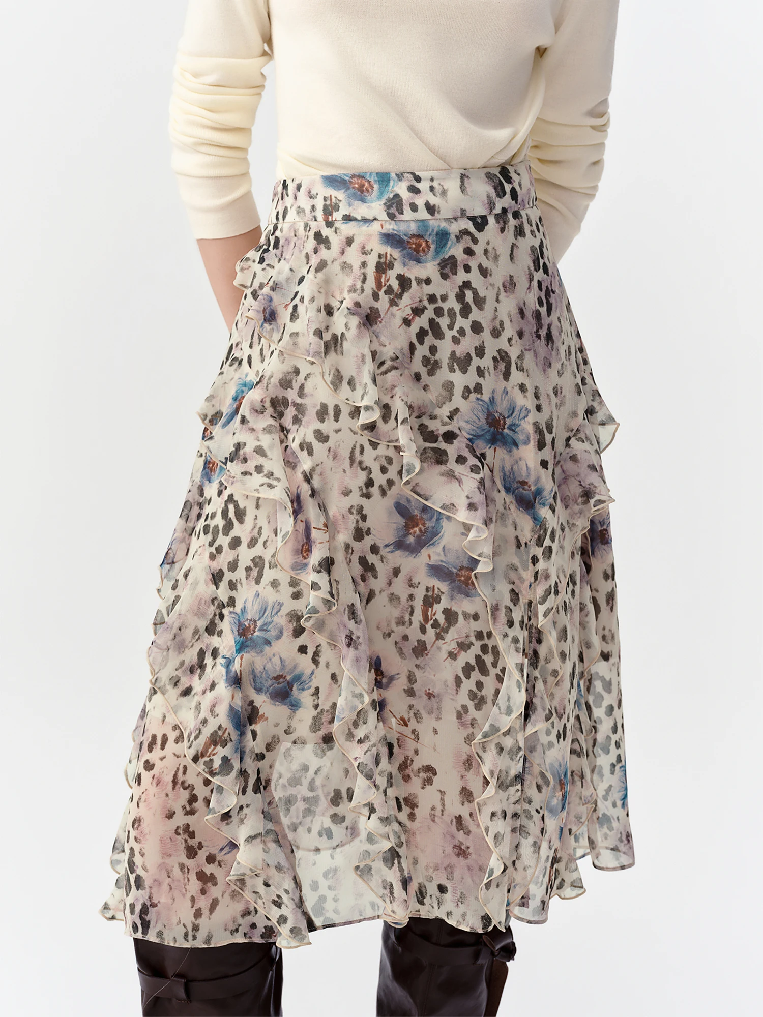 DUSHU 2026 Falda Midi con Estampado de Leopardo y Volantes para Mujer, Falda de Gasa Personalizada con Corte en A, Falda Elegante Informal, Falda Irregular Especial