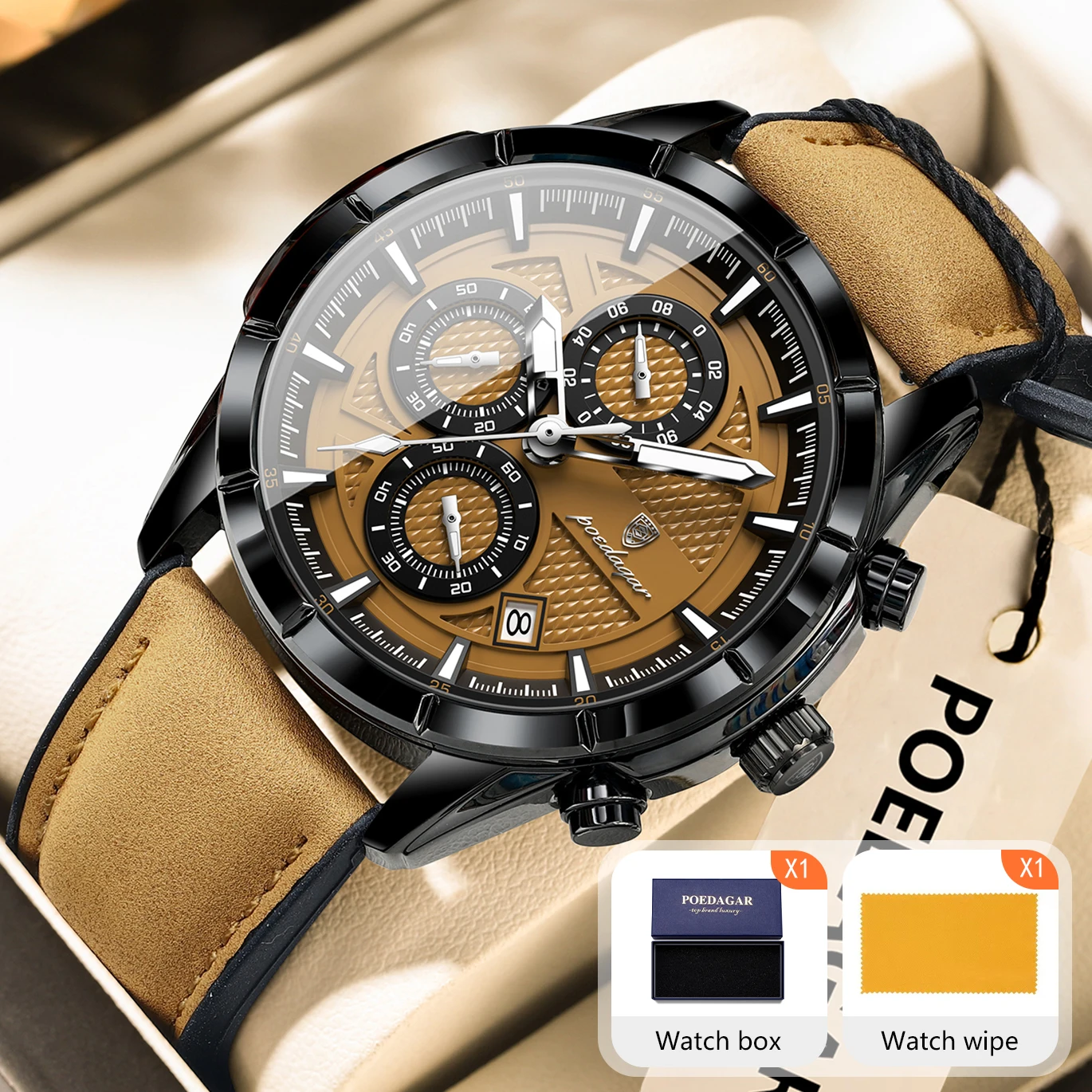 Reloj POEDAGAR Original para Hombre, Correa de Cuero, Luminoso, Resistente al Agua, Cuarzo, Fecha, Cronógrafo, Reloj de Pulsera Masculino de Moda