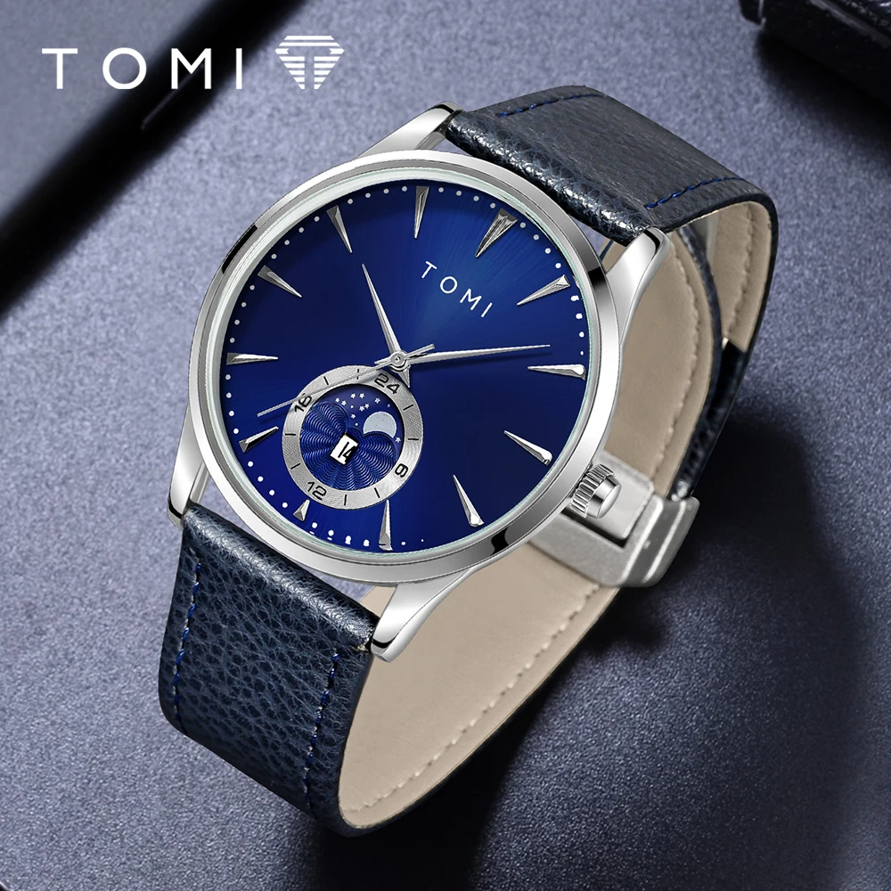 Reloj TOMI con correa de cuero de lujo para hombre, reloj de cuarzo con calendario de Esfera Grande para negocios y ocio, reloj Masculino
