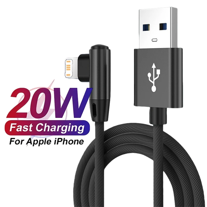 Cable de carga USB con codo de 90 grados para iPhone 11, 12, 13, 14 Pro X XR XS Max 7 8 Plus, Cable de cargador rápido trenzado de nailon para juegos, 2m, 3m