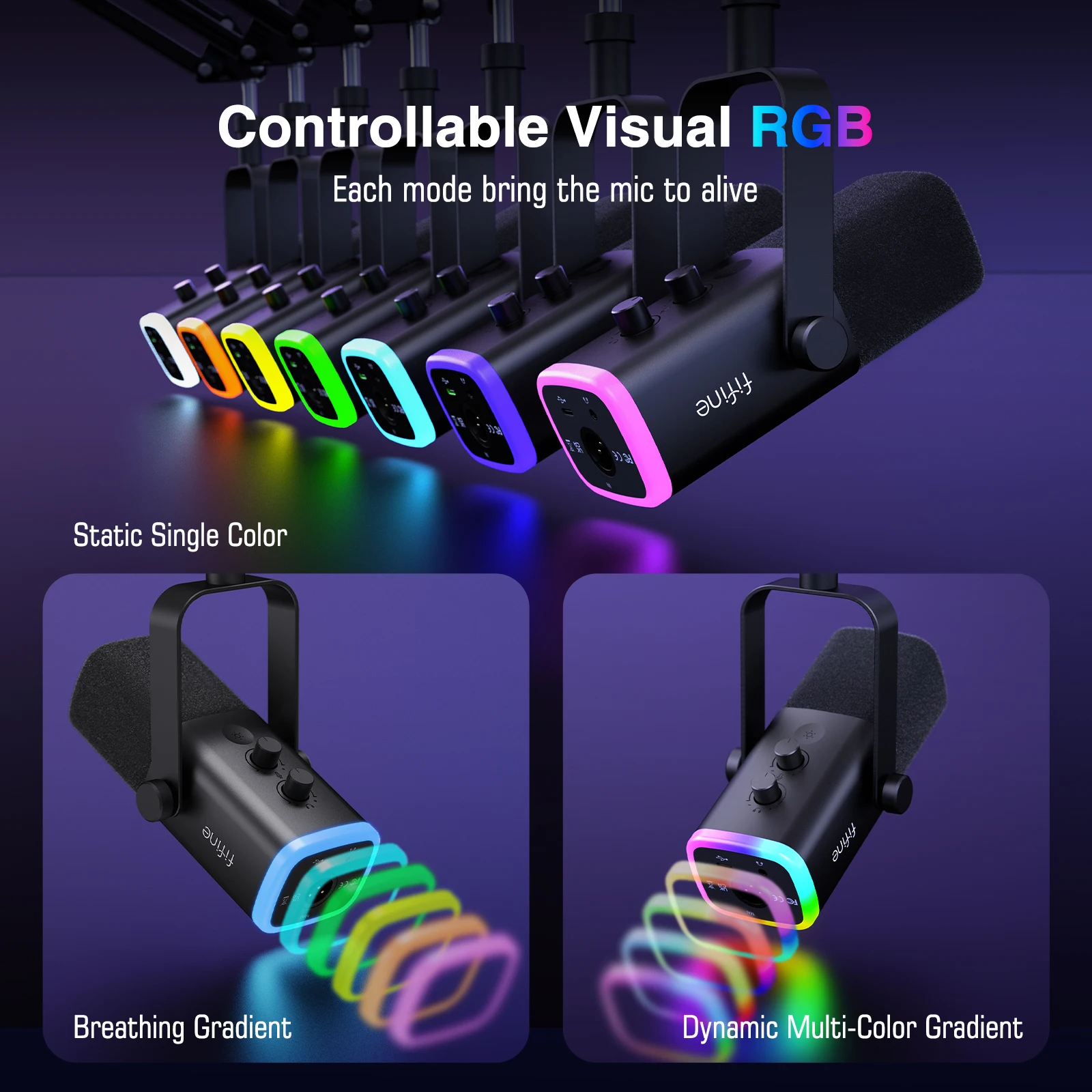 FIFINE-Kit de micrófono dinámico XLR con brazo Boom para mezclador, juego de micrófono USB para juegos con RGB, Control de volumen para PC PS5/4 AmpliGame AM8T