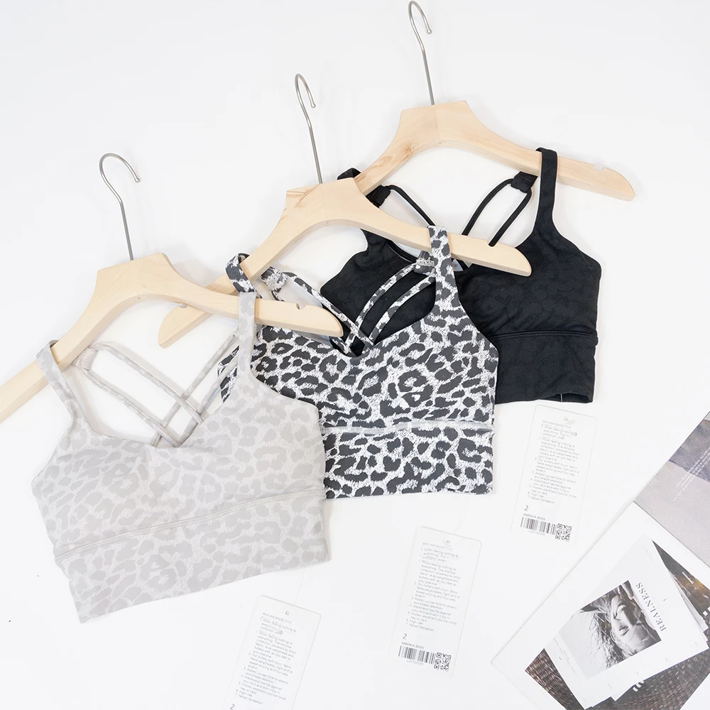 Sujetador deportivo con estampado de leopardo, chaleco de yoga europeo y americano, sujetador fijo con sensación desnuda, fitness que absorbe los golpes y parte de atrás bonita