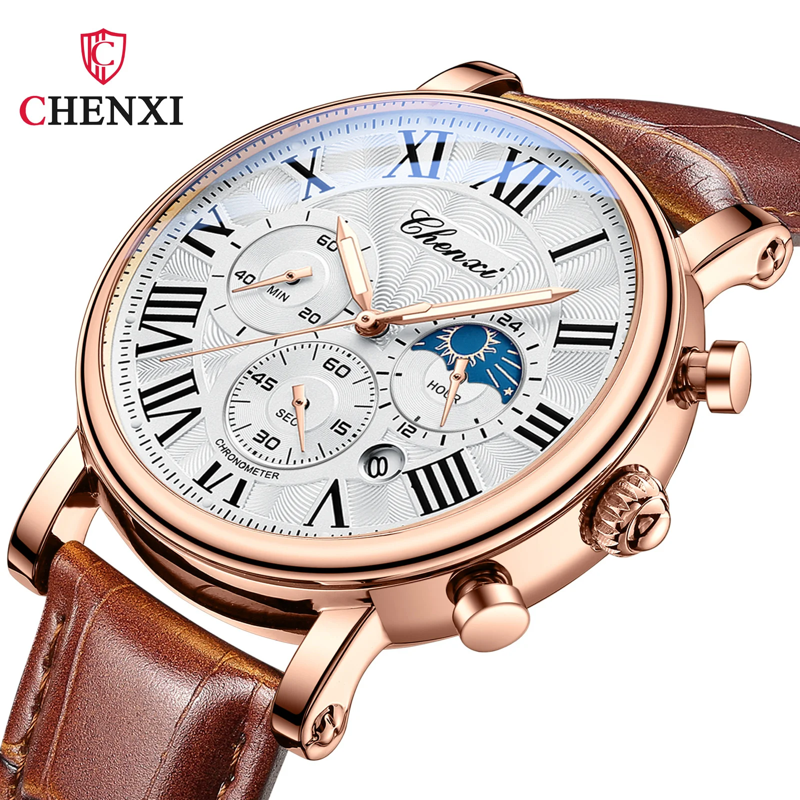 CHENXI 973 multifunción negocios fase lunar fecha impermeable Roma analógico importado hombres reloj de pulsera Dial relojes de cuero de cuarzo