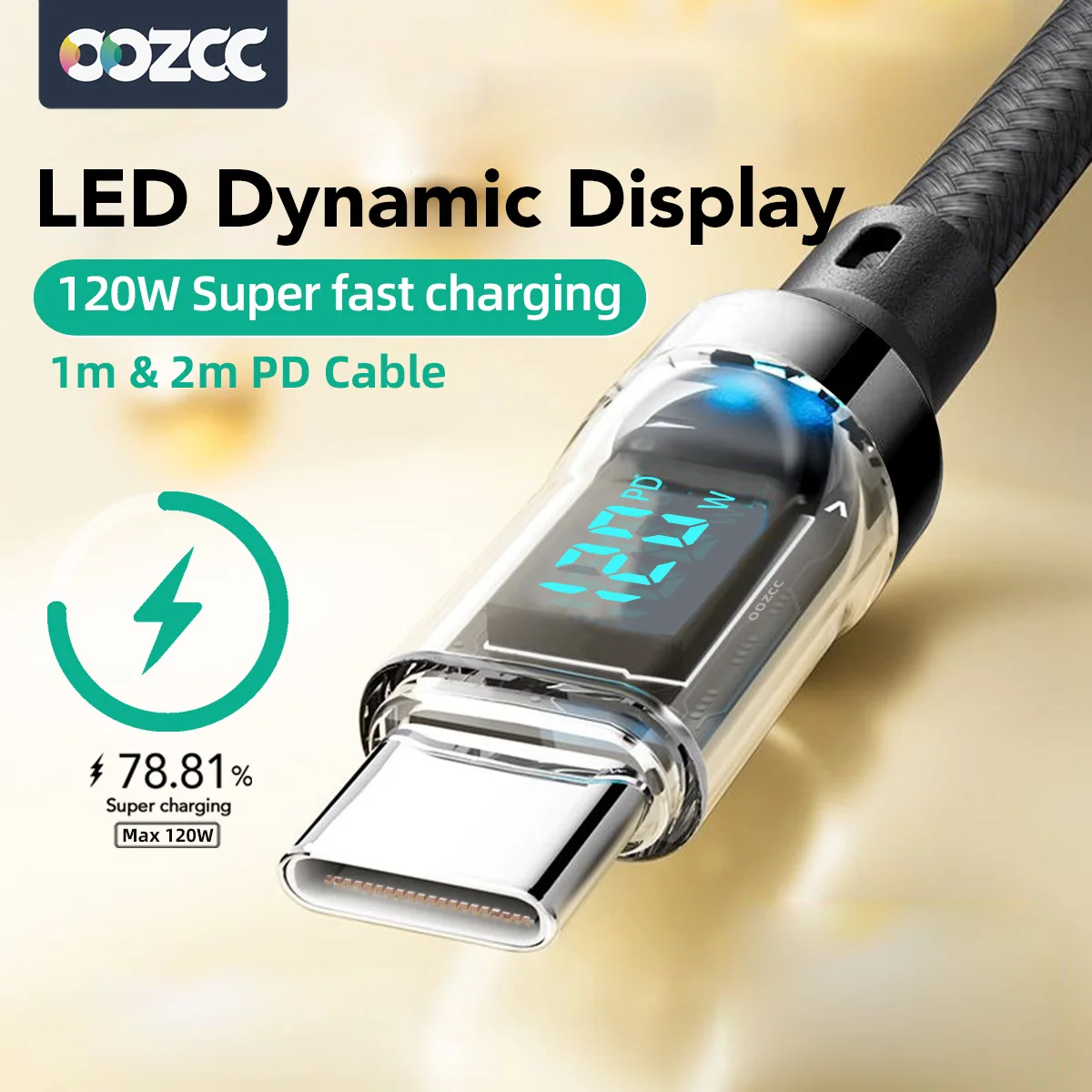 OOZCC Cable de pantalla LCD de vatios, transferencia de datos de cable USB tipo C de carga súper rápida máxima de 120 W, USB A a Lightning para IPhone14 Pro