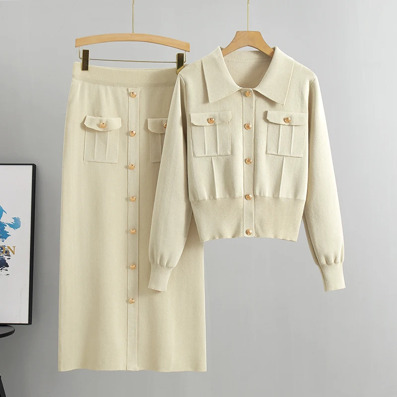 Suéteres elegantes para oficina, Tops + faldas de punto ajustadas de cintura alta, conjuntos de 2 piezas, ropa nueva para mujer, chándal, moda coreana de otoño