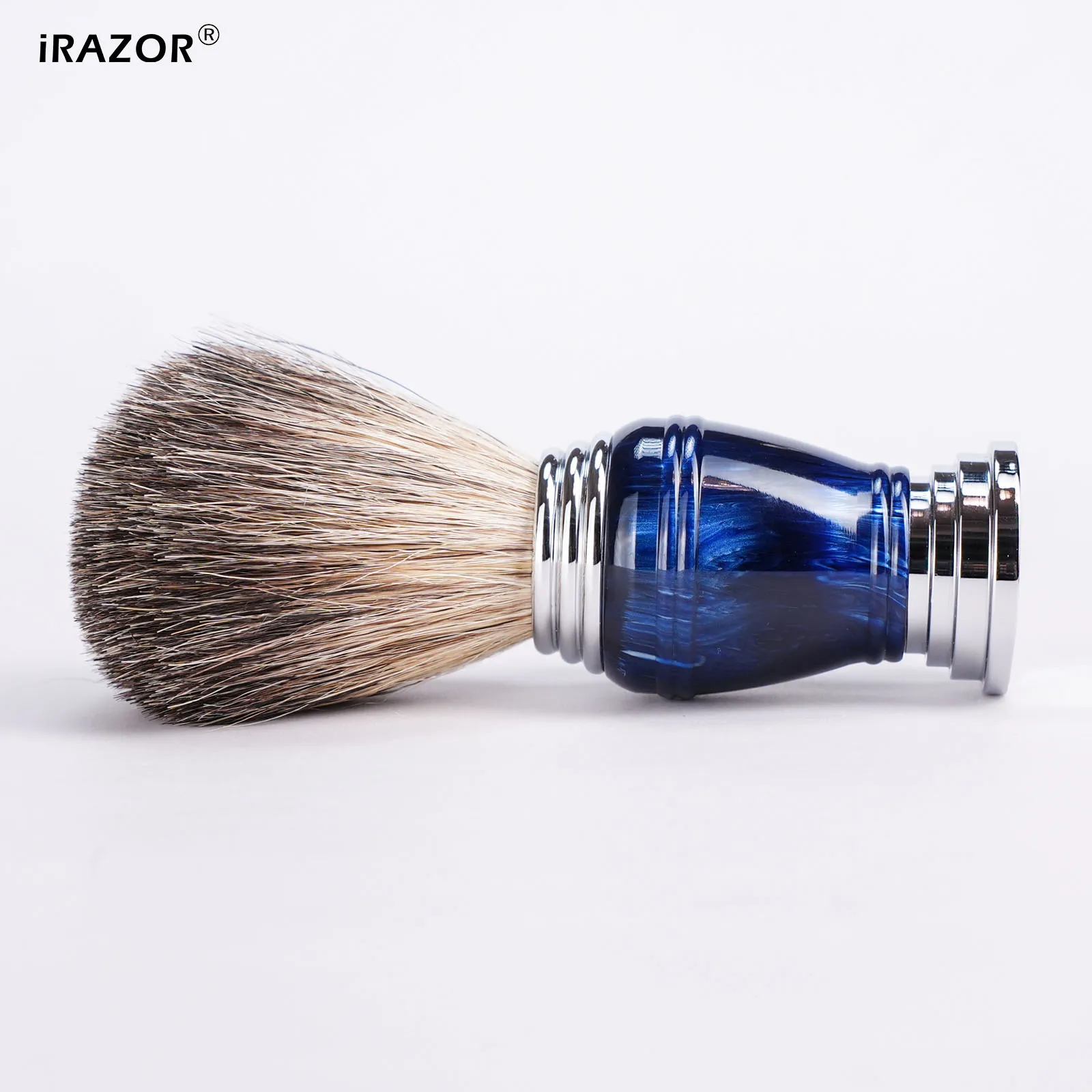 Brocha de Afeitar Premium iRAZOR para Hombres con Pelo Natural, Mango de Resina Azul Espacial, Herramienta de Afeitado en Húmedo para Barbero, Regalo para el Cuidado de la Barba