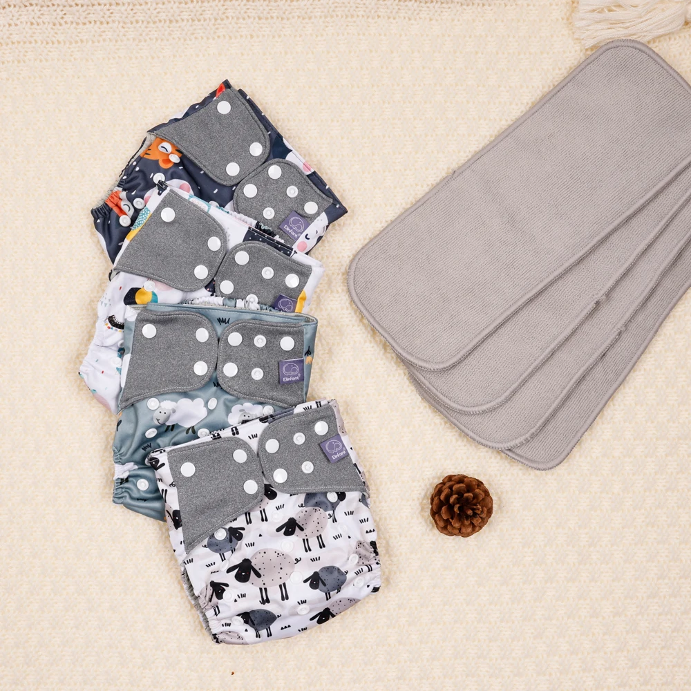 Pañal de tela impermeable para bebé Elinfant con 4 absorbentes, hueso interior de tela de malla para pañales de tela de bolsillo ecológicos lavables de 3-15kg