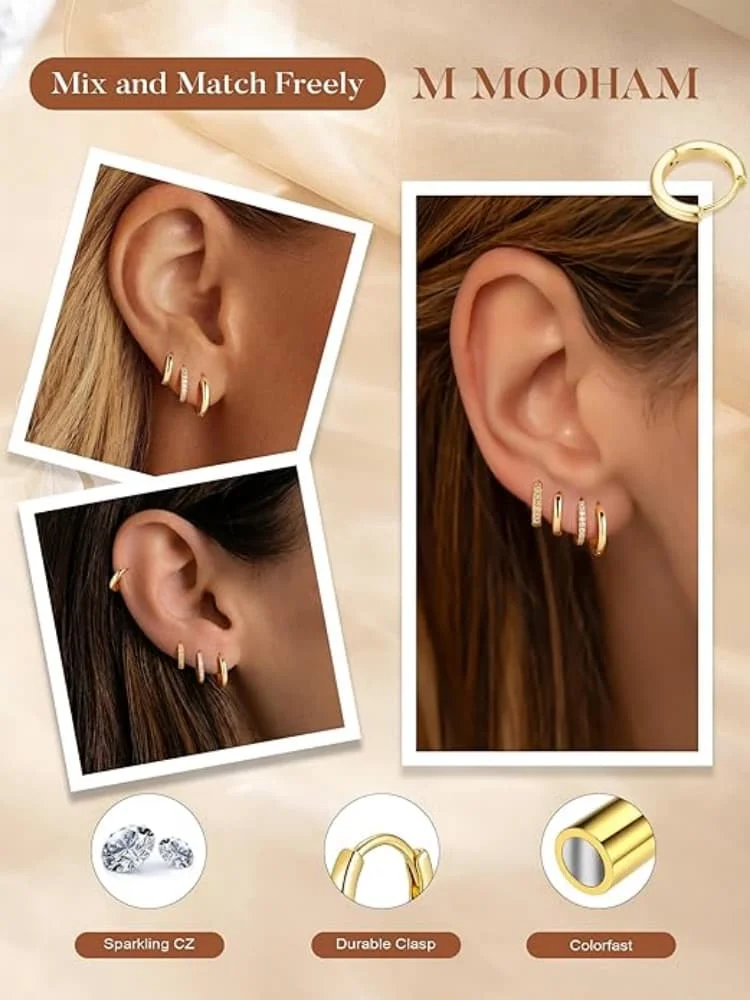 Juego de 4 Pares de Aretes de Aro con Circonita Cúbica Plateados en Plata 925 para Mujer, Aretes de Aro Huggie con Circonita Cúbica Brillante para Cartílago y Hélix