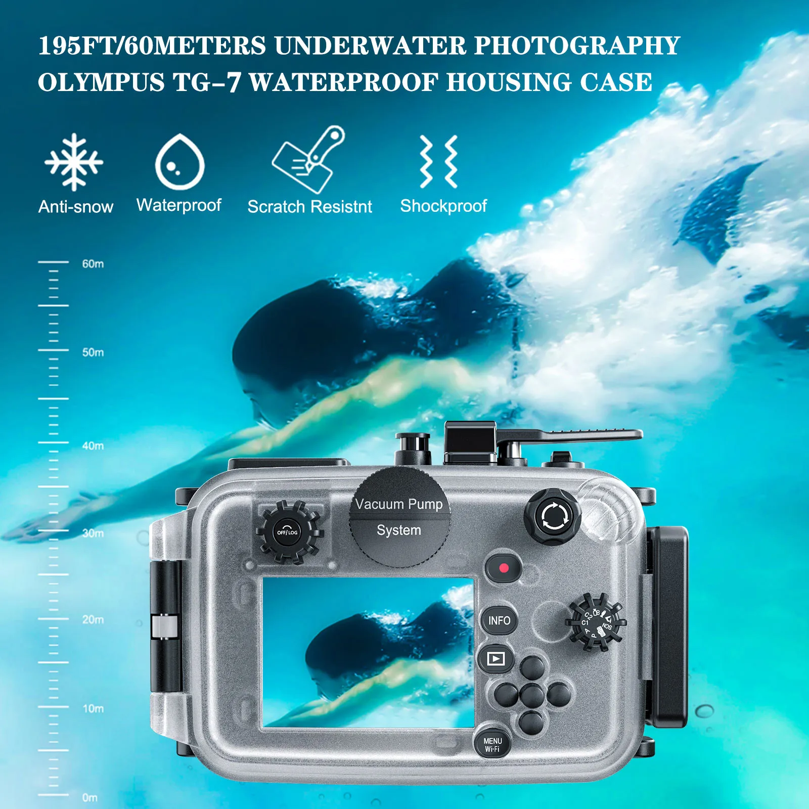 Seafrogs nuevo modelo 60M/195 pies negro impermeable caja de cámara subacuática para Olympus TG7 carcasa de buceo