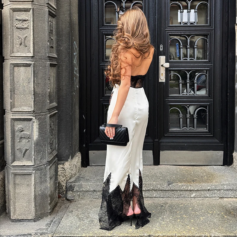 Vestido largo de encaje con espalda descubierta y tirantes, sexy, semitransparente, con abertura lateral alta, sin mangas, vestidos midi, elegantes vestidos de noche para damas, vestidos de fiesta.
