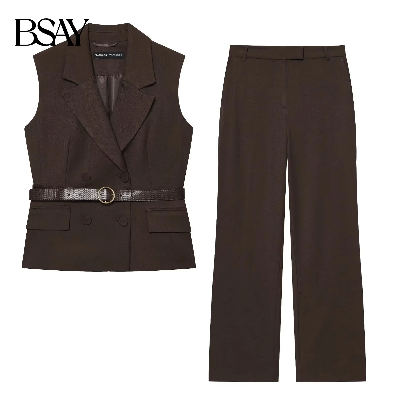 BSAY otoño nuevo producto 2025 ropa de mujer con cinturón, cuello, camiseta sin mangas o pantalones casuales de pierna recta de cintura alta