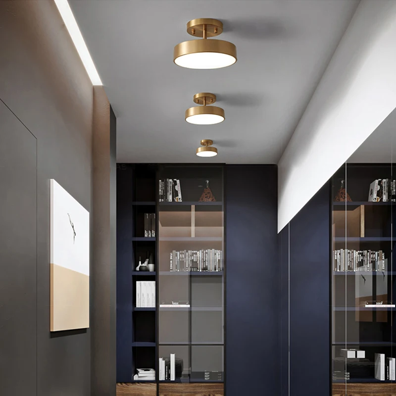 Lámpara LED de techo moderna, lámpara de cobre para dormitorio, sala de estar, luz nórdica redonda dorada y negra, accesorio de decoración para pasillo y entrada