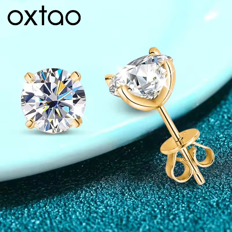 OXTAO Pendientes de moissanita de 0,3-2 quilates para mujer, pendientes de diamantes de imitación brillantes, joyería de boda de lujo, rellenos de oro de 14 quilates