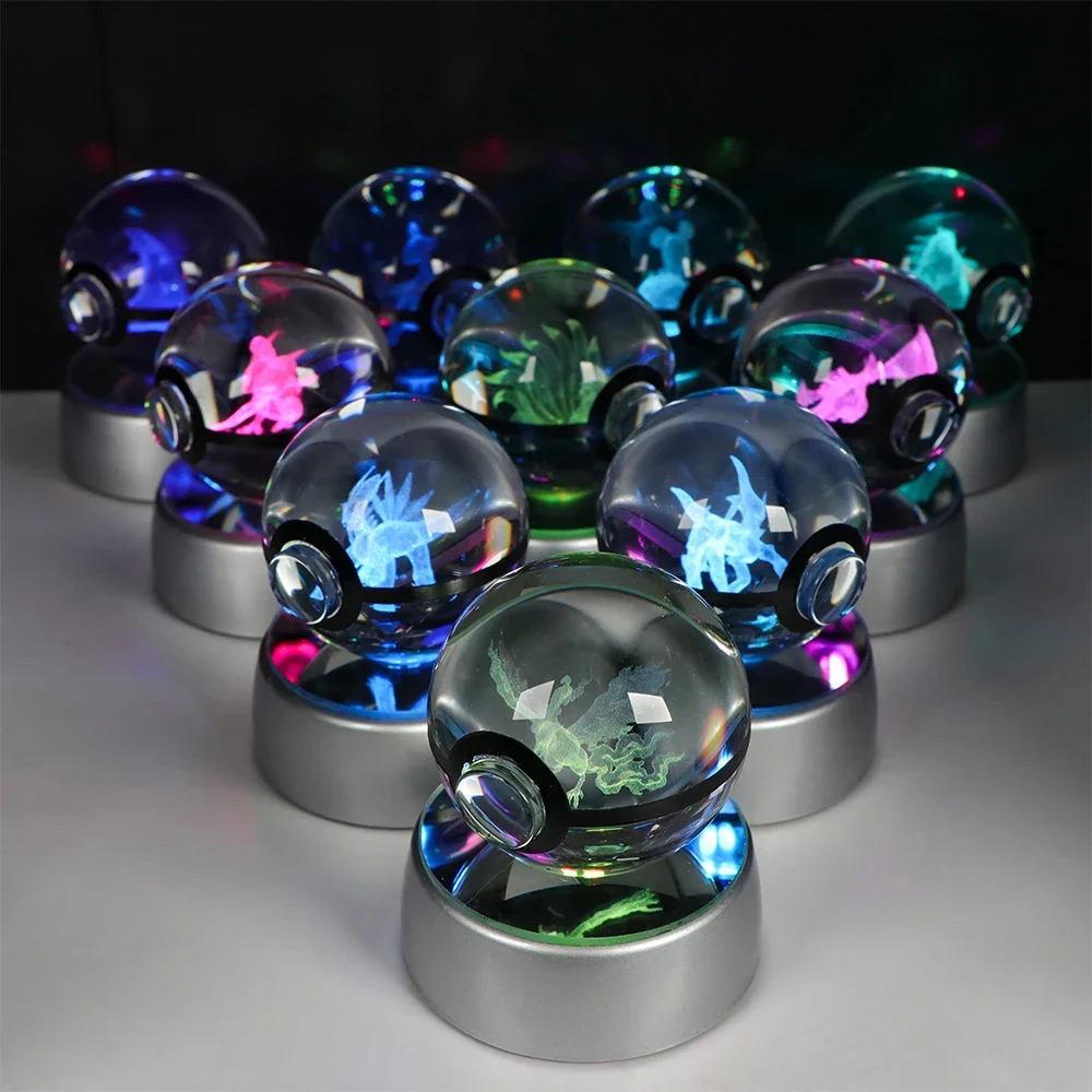 Pokemon bola de cristal 3D Pikachu Gengar Eevee Mewtwo juego de Anime Pokeball Led Base de luz nocturna niños regalo de cumpleaños decoración del hogar
