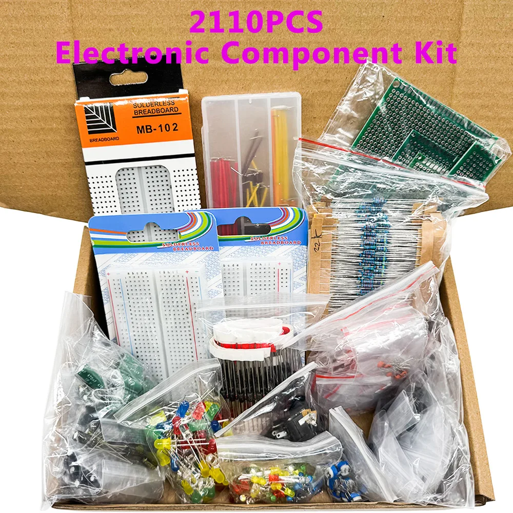Kit de componentes electrónicos, edición definitiva, varios condensadores comunes, resistencias, T0-92, placa PCB LED, placa de pruebas DIP-IC, 2110 Uds.