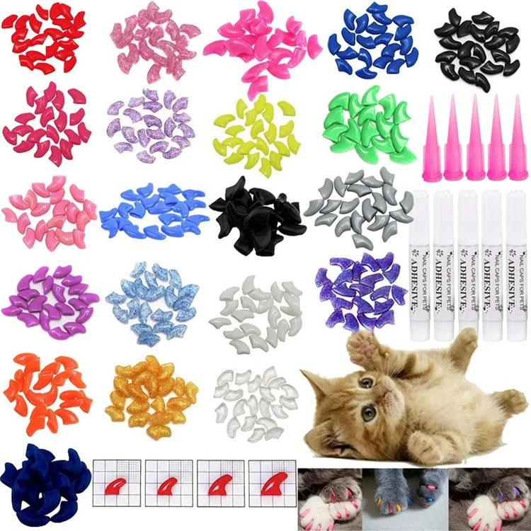Gorros para uñas de gato, cubierta protectora de uñas con patas suaves y pegamento adhesivo gratis + aplicador, 20 unids/lote para gatito