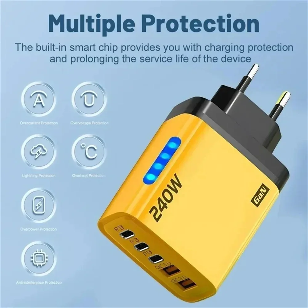 Cargador USB PD de 5 puertos, cargadores de teléfono de carga rápida tipo C de 240W, adaptador de carga rápida USB para iPhone 16, Samsung, Xiaomi, Huawei