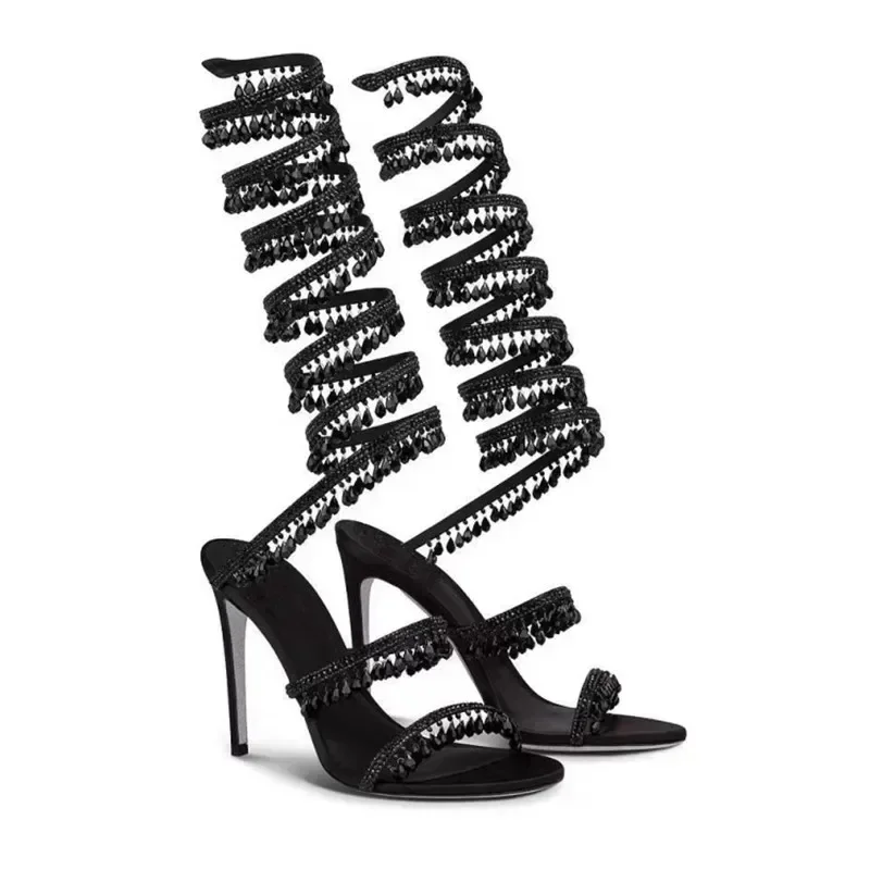 2025 nueva moda para mujer, zapatos con borlas de cristal, tacones altos de aguja sexis para fiesta y banquete, sandalias grandes para mujer, zapatos de baile
