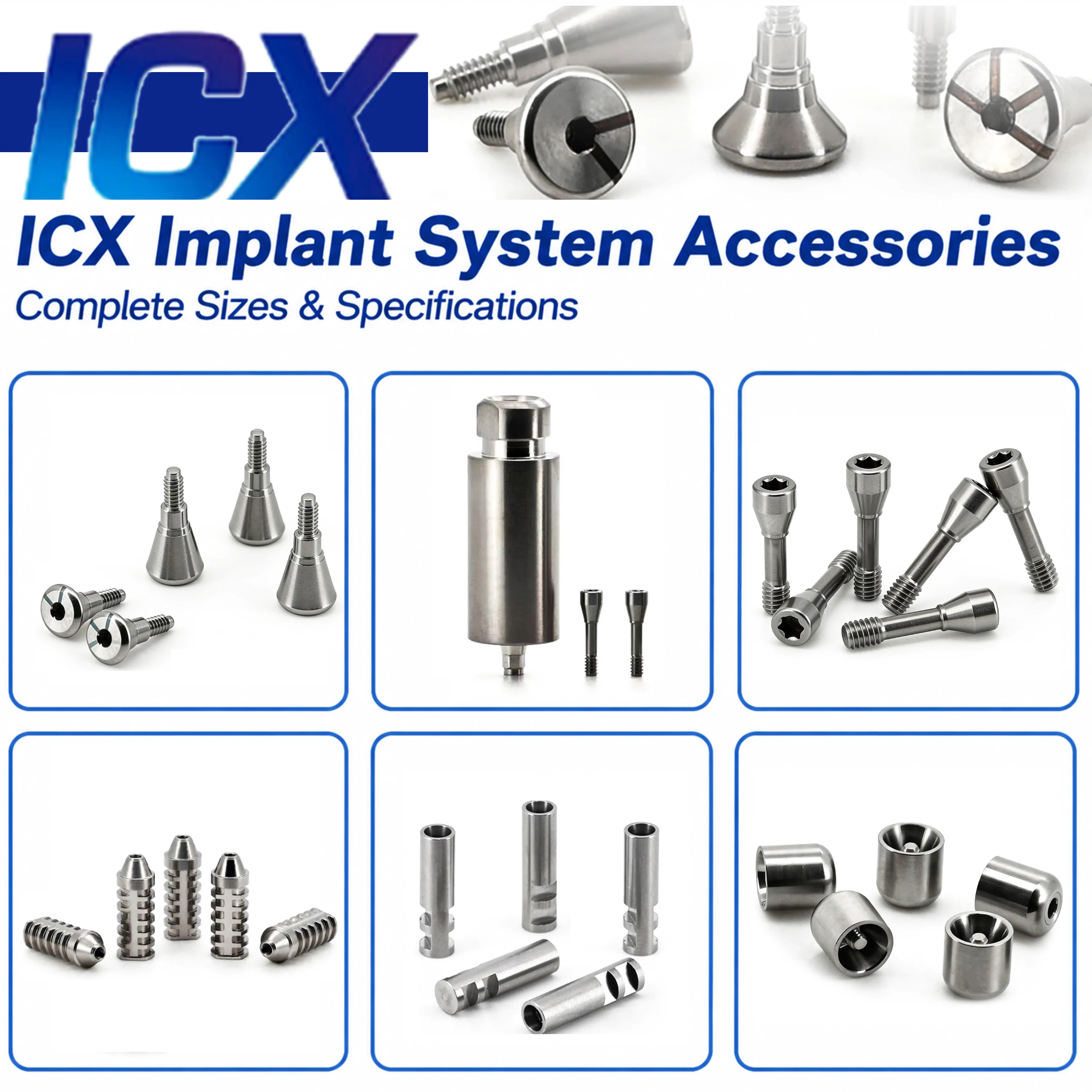 Para Sistema de Implantes ICX: Pilar de cicatrización dental, Tapa de cicatrización, Tornillo de cubierta, Analógico de laboratorio, Analógico digital, Pilar recto multiunidad