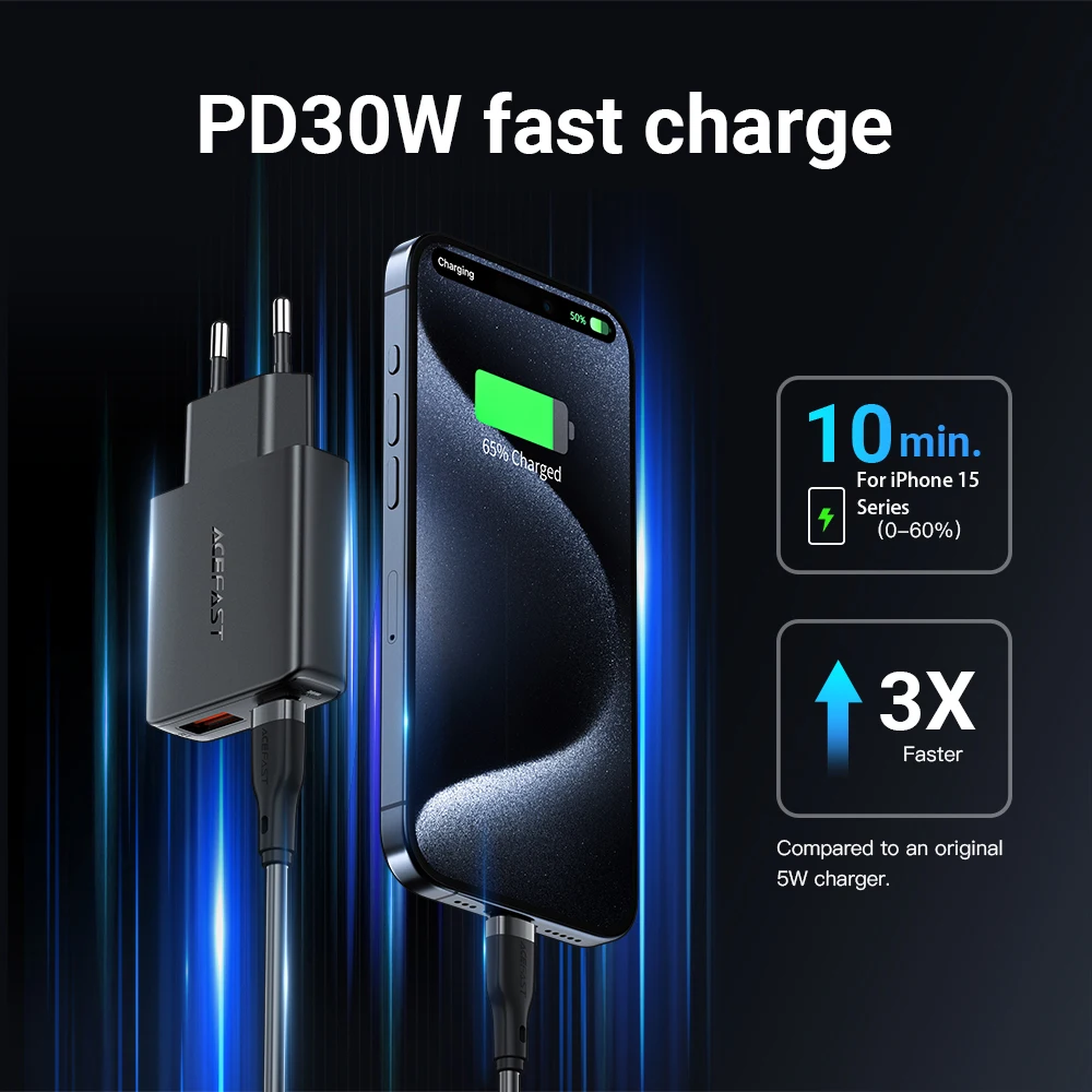 ACEFAST-cargador de teléfono ultrafino GaN PD30W, carga rápida para iPhone 17/16/15 Pro Max, carga rápida de viaje para pared para Samsung S23