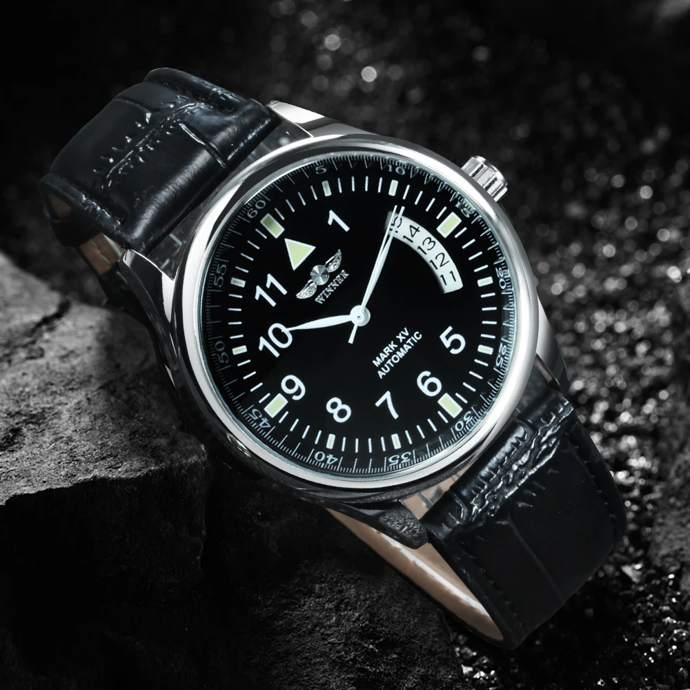 Reloj Automático de negocios WINNER para hombre, ventana con calendario, esfera negra a la moda, correa de cuero de moda, relojes mecánicos de marca de lujo