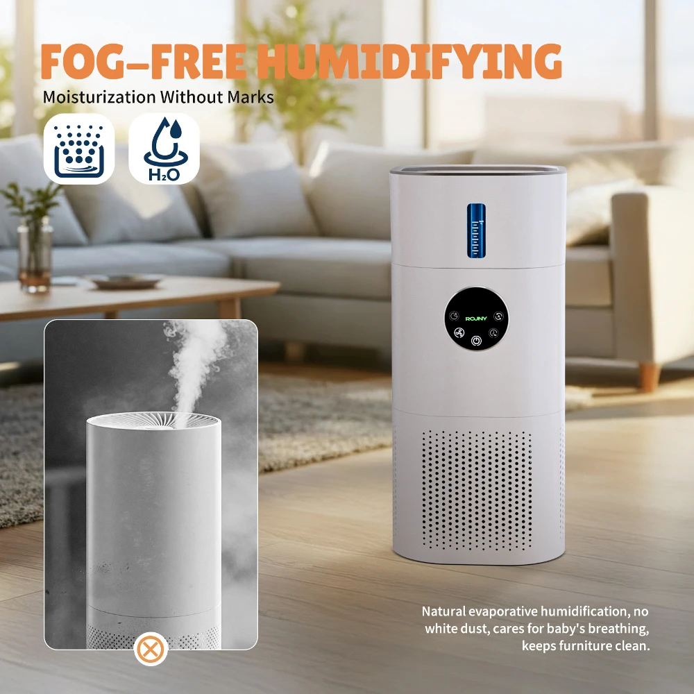 ROUNY Purificador y humidificador de aire, aparato multifunción 2 en 1, humidificación desodorizante y sin niebla, blanco