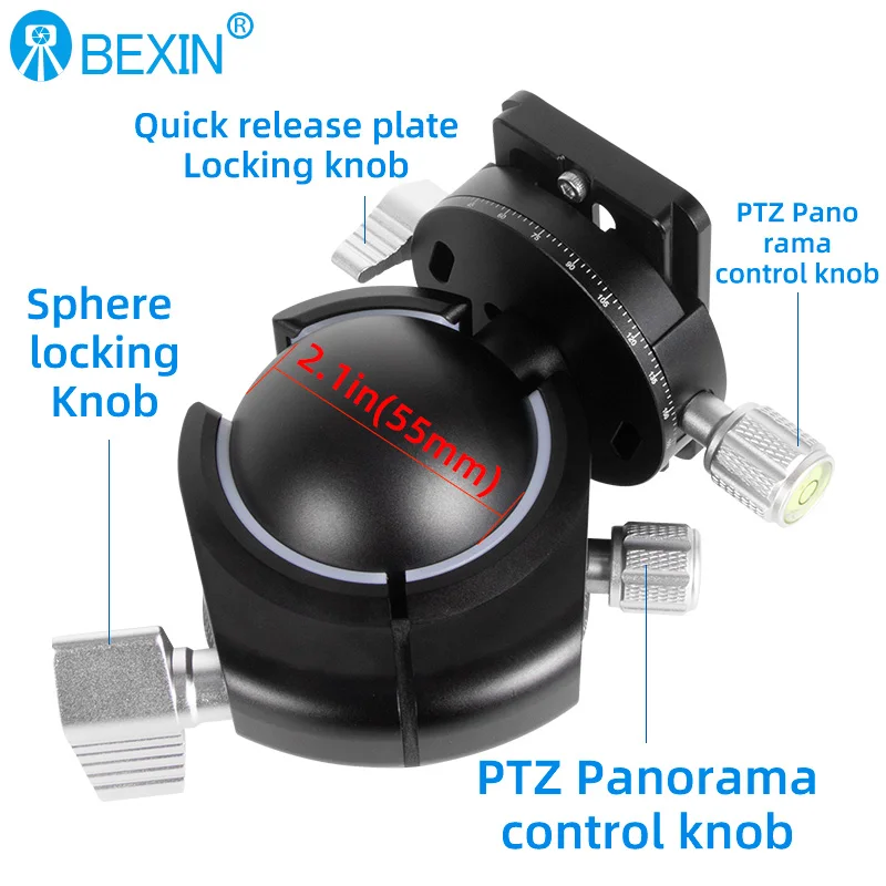 Centro de gravedad bajo, cabeza de bola para trípode de 55mm ~ 28mm, doble muesca en U, ajuste de amortiguación de perfil ultrabajo, cabezal de bola CNC de alta resistencia