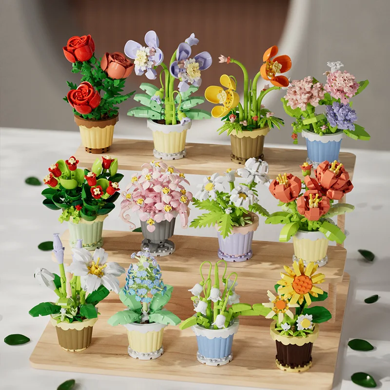 Ramo de bloques de construcción creativo, regalo en maceta de plantas de flores eternas, planta en maceta de girasol rosa, juguete de bloques de construcción ensamblado