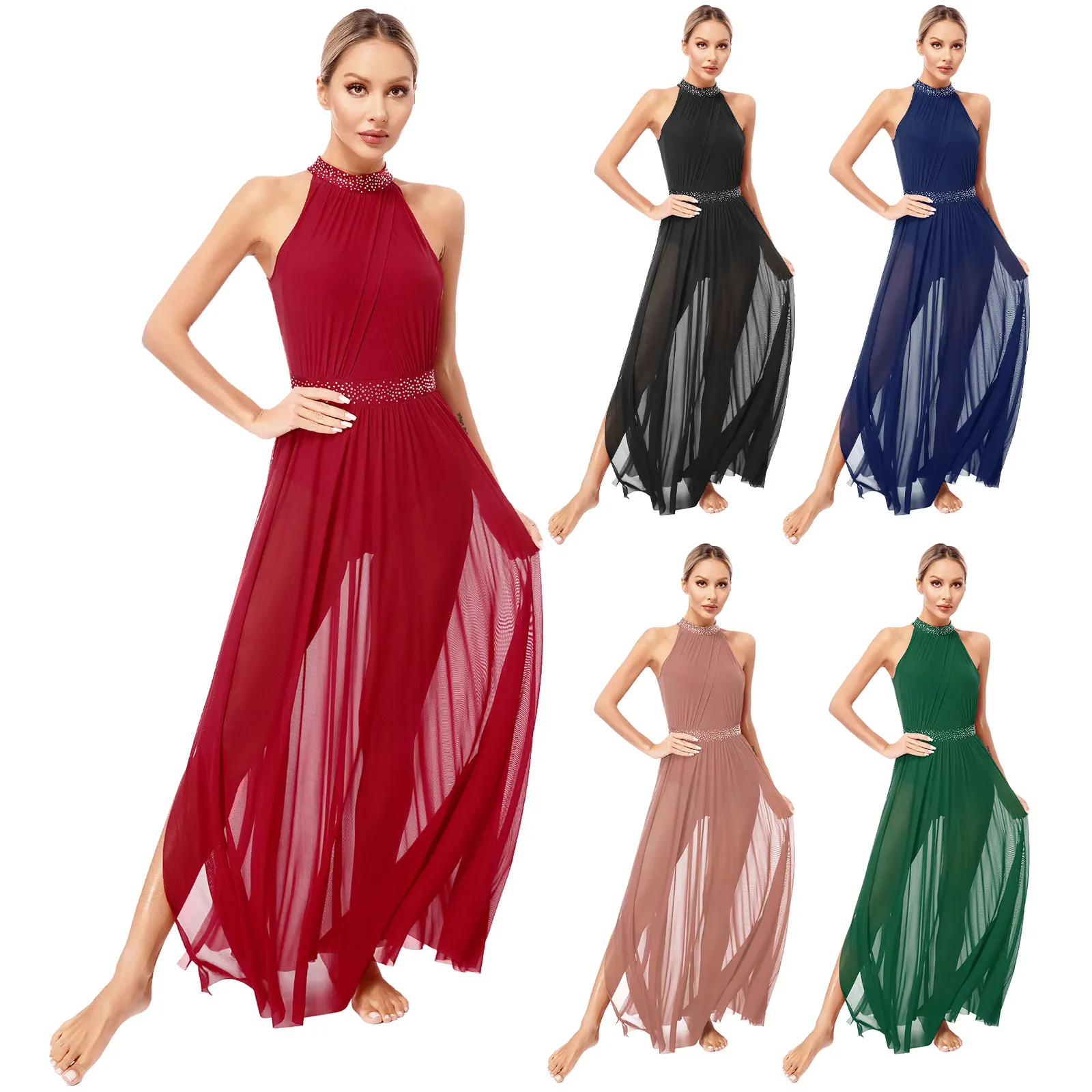 Traje de actuación de danza lírica moderna para mujer, vestido de leotardo de malla dividida con diamantes de imitación sin mangas para patinaje y gimnasia de Ballet