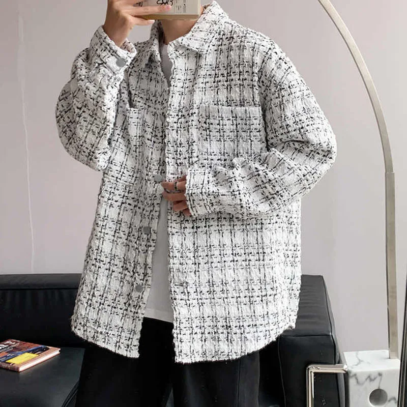 Chaqueta sin cuello ajustada de tweed de lana para primavera/otoño/invierno para hombre con diseño de franjas de diferente color para un look juvenil