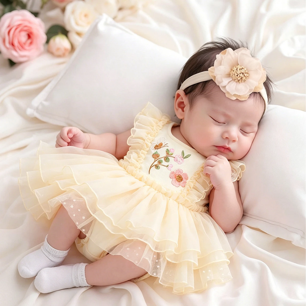 Conjunto de Tutú para Bebé Recién Nacida, Body de Tul con Bordado de Mariposas y Flores, Sin Mangas, con Diadema de Flores para Fotografía