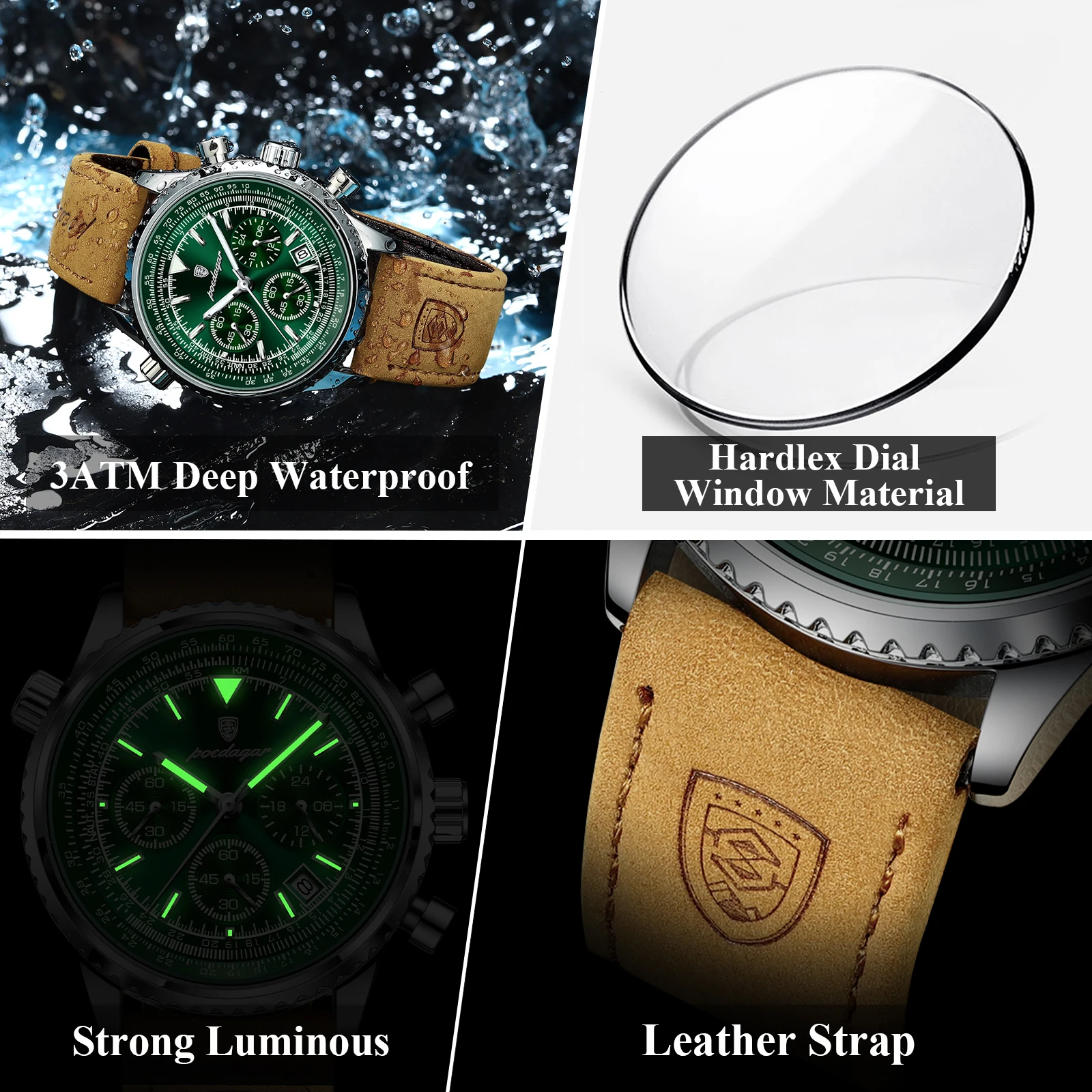 Reloj de Pulsera POEDAGAR para Hombre de Negocios, Resistente al Agua, Luminoso, con Fecha, Cronógrafo, Deportivo, de Cuero, de Cuarzo, a la Moda