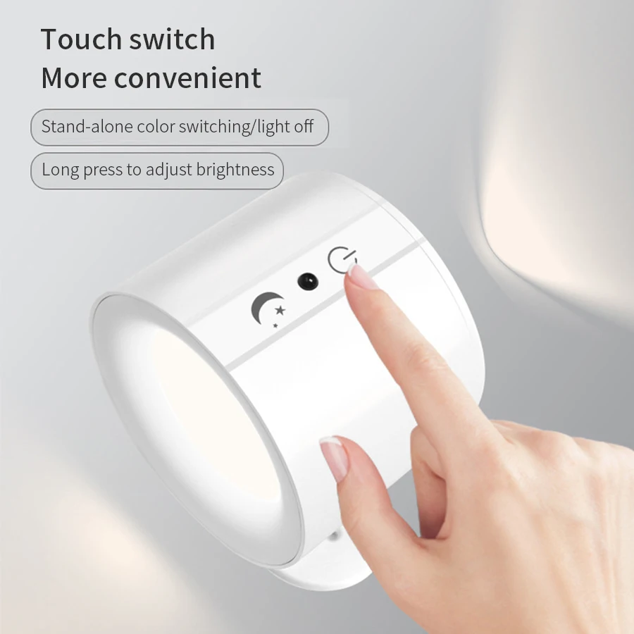 Apliques de pared LED, lámpara de pared de doble cabezal con Control táctil, luces de pared giratorias 360 de 3 colores, luces nocturnas inalámbricas para dormitorio