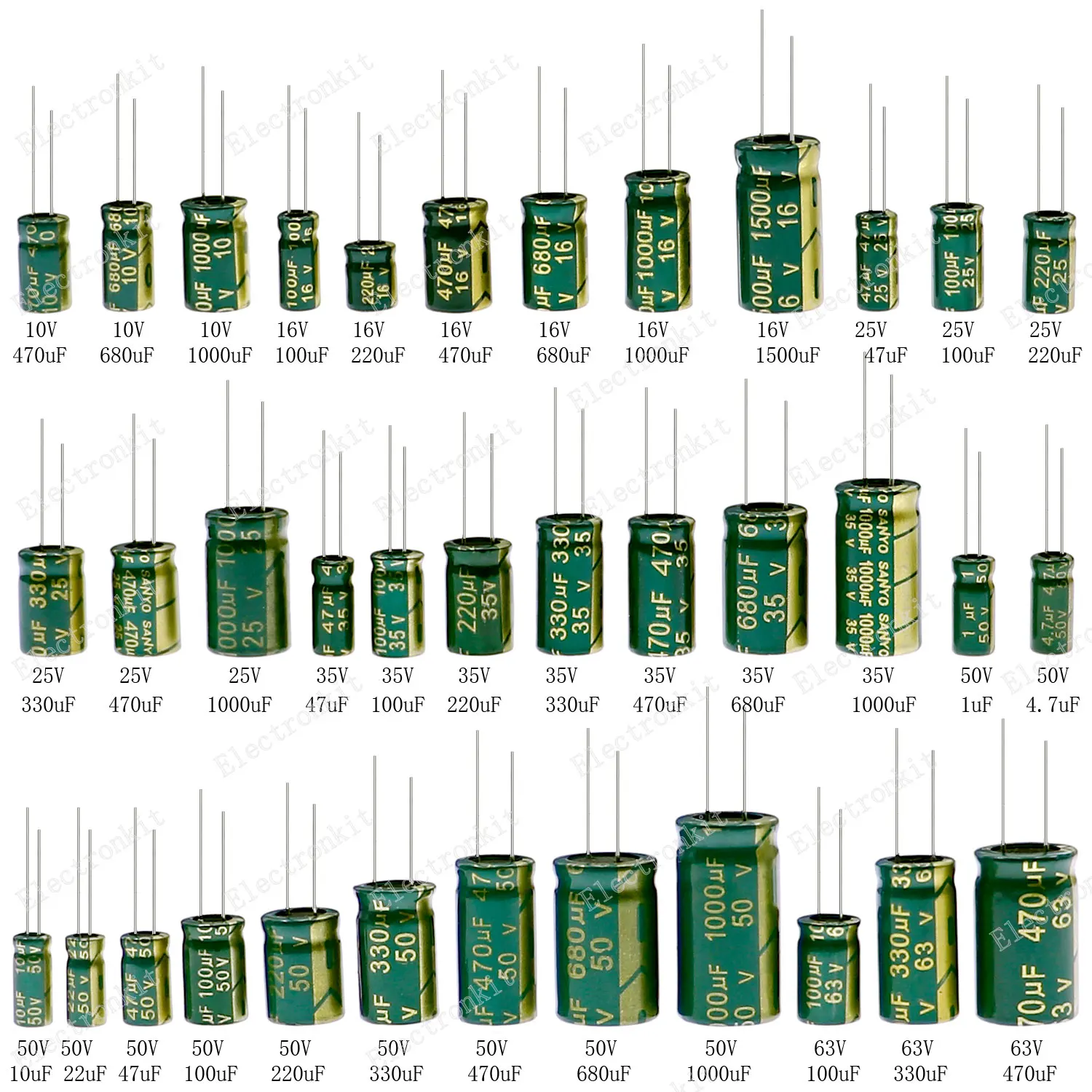 Juego de condensadores electrolíticos de aluminio, 810 Uds., 36 tipos, 10V-63V, 1uF-1500uF, Kit surtido, caja de almacenamiento de alta frecuencia y baja ESR con caja