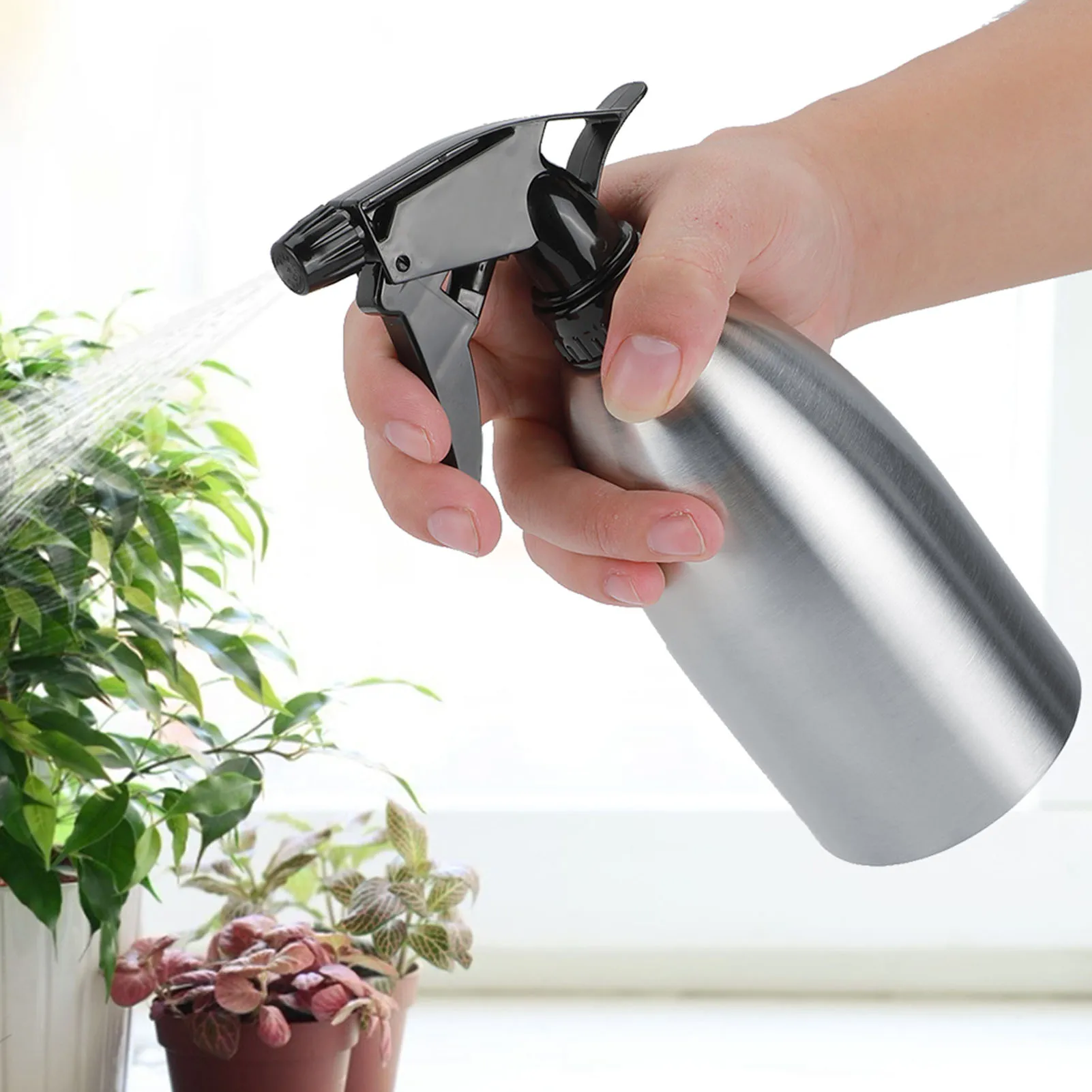 Botella de riego de 500ml, bote de pulverización de acero inoxidable para jardinería y cocina, boquilla ajustable para el hogar