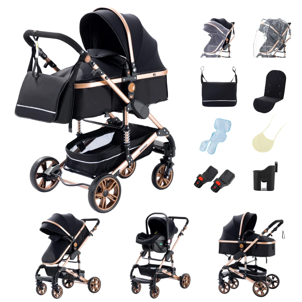 Cochecito funcional pulido 3 en 1 para bebés, módulo de asiento reversible, chasis con altura elevada para una mejor visibilidad, sistema de plegado en un solo paso sin esfuerzo, sistema de acolchado adaptable a las condiciones climáticas para paseos urbanos y tiempo de ocio en interiores.