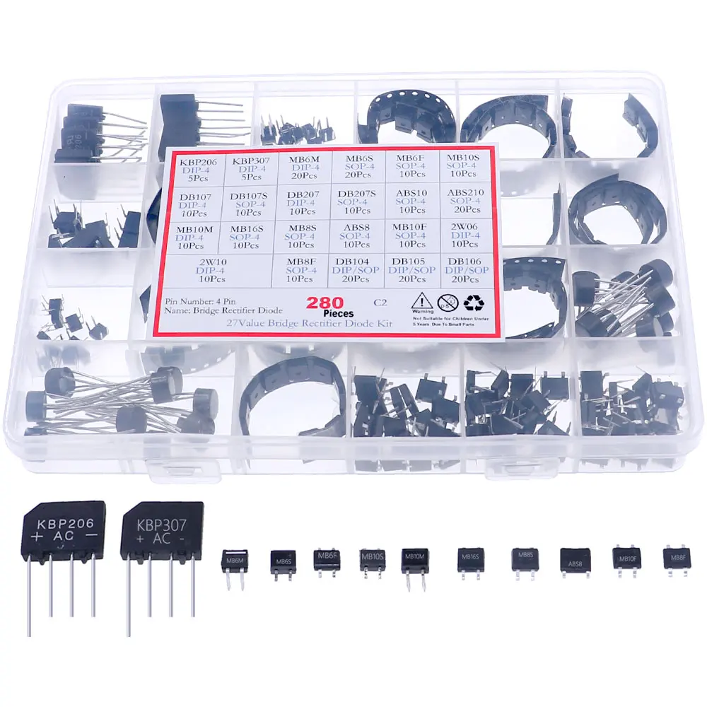 280 Uds 27 estilos Kit rectificador de puente DB106 KBP206 KBP307 MB6M MB10F MB6S DB107 DB207 ABS10 MB10M 2W10 MB8F DB104 ABS8 ABS210
